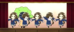 Rule 34 | 1boy, 1girl, animated, animated gif, black hair, brown hair, chibi, chibi inset, clone, curtains, hair ribbon, mikakunin de shinkoukei, mitsumine hakuya, mitsumine mashiro, non-web source, outstretched arms, oversized clothes, ribbon, school uniform, screencap, short hair with long locks, sleeves past wrists, spread arms, stage, tree costume, yellow eyes