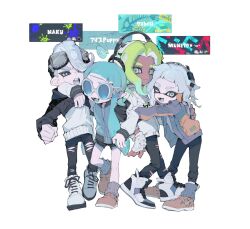 Rule 34 | 2boys, 2girls, black pants, blue hair, closed mouth, eyebrow cut, fingerless gloves, gloves, green hair, headphones, highres, inkling, inkling girl, inkling player character, inuyama (inuhill), long hair, long sleeves, looking at viewer, mole, mole under eye, multiple boys, multiple girls, nintendo, octoling, octoling boy, octoling player character, one eye closed, open clothes, open mouth, pants, pointy ears, purple eyes, round eyewear, shorts, smile, splatoon (series), torn clothes, torn pants, white background
