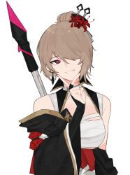 Rule 34 | 1girl, 3o c, bare shoulders, black kimono, brown hair, earrings, flower, grin, hair flower, hair ornament, hair over one eye, holding, holding weapon, honkai (series), honkai impact 3rd, japanese clothes, jewelry, kimono, looking to the side, mole, mole under eye, purple eyes, red flower, rita rossweisse, rita rossweisse (umbral rose), scythe, simple background, smile, teeth, v, weapon, white background
