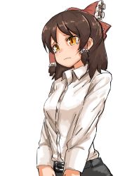 Rule 34 | 1girl, black skirt, bow, breasts, brown eyes, brown hair, closed mouth, collared shirt, commentary request, cookie (touhou), frilled bow, frills, hair bow, hakurei reimu, highres, looking to the side, medium breasts, medium hair, nob1109, office lady, red bow, sananana (cookie), shirt, simple background, skirt, solo, tearing up, touhou, upper body, wavy mouth, white background, white shirt
