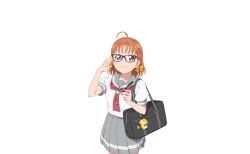 1girl bag braid glasses looking_at_viewer love_live! love_live!_sunshine!! official_art orange_hair red_eyes school_bag school_uniform short_hair side_braid smile standing takami_chika transparent_background