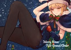 Rule 34 | 1girl, artoria pendragon (all), artoria pendragon (fate), bad id, bad pixiv id, black gloves, black pantyhose, capelet, christmas, fate/grand order, fate/stay night, fate (series), gloves, hat, looking at viewer, pantyhose, saber (fate), saber alter, sack, santa alter, santa hat, snow, snowing, solo, yellow eyes, yukihama