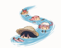 Rule 34 | 4girls, ahoge, akebono (kancolle), black hair, brown hair, cannon, commentary request, crab on head, flower, hair bobbles, hair flower, hair ornament, hat, kantai collection, long hair, multiple girls, oboro (kancolle), partially submerged, pink hair, purple hair, saiguchi otoufu, sazanami (kancolle), short hair, side ponytail, solid oval eyes, straw hat, sun hat, towel, towel on head, twintails, ushio (kancolle), water