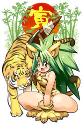 Rule 34 | 1girl, animal, animal ears, animal hands, animal print, blush, boomerang, breasts, cat ears, cat girl, cham cham, commentary request, gloves, green hair, highres, long hair, open mouth, paw gloves, paw shoes, samurai spirits, shirt, sleeveless, sleeveless shirt, small breasts, squatting, tail, tiger, tiger ears, tiger girl, tiger paws, tiger print, tiger tail, translated, v-shaped eyebrows, very long hair, yu 3