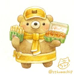 Rule 34 | artist name, bear, black eyes, blush, food, french fries, hat, holding, holding food, hot dog, ketchup, looking at viewer, no humans, original, signature, simple background, st.kuma, standing, twitter username, white background, yellow hat