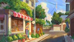 Rule 34 | 1boy, absurdres, apron, brown eyes, brown hair, building, cat, contemporary, door, granblue fantasy, highres, outdoors, plant, potted plant, renren be, road, sandalphon (granblue fantasy), sign, sky, street, tree, utility pole, window