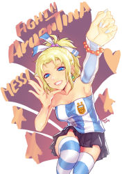 Rule 34 | 10s, 1990s (style), 1girl, 2014, 2014 fifa world cup, 7h2o, argentina, argentinian flag, argentinian flag print, bad id, bad pixiv id, blonde hair, blue eyes, bracelet, dated, earrings, english text, final fantasy, final fantasy vi, flag print, grin, heart, jewelry, makeup, mascara, miniskirt, nail polish, pantyhose, ponytail, pun, retro artstyle, shirt, skirt, smile, soccer uniform, solo, sportswear, star (symbol), striped clothes, striped pantyhose, striped shirt, striped thighhighs, tank top, thighhighs, tina branford, vertical-striped clothes, vertical-striped shirt, world cup, zettai ryouiki