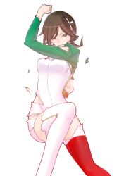 Rule 34 | 1girl, arm warmers, brown hair, caladrius, green eyes, islay jena pulsion, legs, official art, short hair, simple background, solo, thighs, torn clothes, yasuda suzuhito
