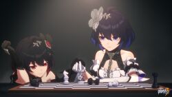 Rule 34 | absurdres, ahoge, bare shoulders, bishop (chess), black gloves, black hair, black headwear, blue eyes, blue hair, board game, chain, chess, chess piece, chinese commentary, collarbone, detached sleeves, dress, dual persona, flower, gloves, hair flower, hair ornament, hand grab, highres, honkai (series), honkai impact 3rd, knight (chess), lock, logo, looking down, multicolored hair, official art, official wallpaper, playing games, queen (chess), red eyes, red hair, rook (chess), seele (alter ego), seele vollerei, seele vollerei (stygian nymph), short hair, sitting, smile, upper body, white dress, white footwear, white gloves, white headwear