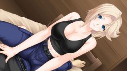 Rule 34 | 1boy, 1girl, blonde hair, blue eyes, breasts, cleavage, covered erect nipples, game cg, girl on top, impossible clothes, large breasts, muv-luv, muv-luv alternative, muv-luv total eclipse, official art, short hair, stella bremer