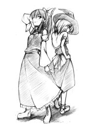 Rule 34 | 2girls, arm behind head, ascot, back-to-back, boots, bow, capelet, cross-laced footwear, detached sleeves, female focus, from behind, full body, greyscale, hair bow, hakurei reimu, hand on own hip, hat, hatching (texture), hikawa shou, kirisame marisa, lace-up boots, loafers, long hair, looking at viewer, looking back, monochrome, multiple girls, ponytail, shoes, short hair, simple background, skirt, skirt set, standing, straight hair, touhou, vest, white background, witch hat