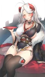 Rule 34 | 1girl, absurdres, adapted costume, ahoge, azur lane, black thighhighs, breasts, cleavage, collarbone, cross, cup, grey kimono, headgear, highres, iron cross, japanese clothes, kimono, large breasts, lips, looking at viewer, mole, mole under mouth, multicolored hair, panties, prinz eugen (azur lane), prinz eugen (profusion of flowers) (azur lane), sakazuki, side-tie panties, silver hair, sitting, smile, solo, streaked hair, thighhighs, thong, two side up, underwear, wet, wide sleeves, yusha m