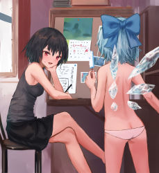 Rule 34 | 2girls, :d, ass, bare arms, bare shoulders, barefoot, black hair, black skirt, black tank top, blue bow, blue hair, blush, bow, breasts, butt crack, calendar (object), chair, cirno, commentary request, cowboy shot, feet out of frame, food, from behind, hair between eyes, hand up, head rest, holding, holding food, holding pencil, ice, ice wings, indoors, looking at another, medium breasts, miniskirt, multiple girls, no headwear, open mouth, panties, pencil, photo (object), pink panties, popsicle, red eyes, roke (taikodon), shameimaru aya, short hair, sitting, skirt, smile, standing, sweat, tank top, thighs, topless, touhou, underwear, underwear only, window, wings