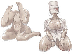 Rule 34 | 1girl, bandages, blood, blouse, breasts, bubble head nurse, cleavage, curvy, feet, large breasts, mannequin, monster girl, nude, nurse, nurse (silent hill), open clothes, open shirt, pussy, sashizume soutarou, shirt, silent hill, silent hill (series), silent hill 2, solo, stain, thick thighs, thighs