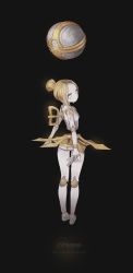 Rule 34 | 1girl, android, ball, black background, blonde hair, blue eyes, character name, doll joints, floating, floating object, from behind, full body, gwayo, highres, joints, league of legends, looking back, orianna (league of legends), robot, short hair, solo, standing, thigh gap