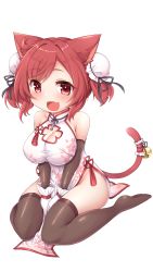 Rule 34 | 1girl, absurdres, animal ears, arm warmers, azur lane, bell, between legs, black thighhighs, breasts, bun cover, cat ears, cat girl, cat tail, china dress, chinese clothes, cleavage, double bun, dress, eyebrows, fang, floral print, full body, gloves, hair bun, hand between legs, highres, i-19 (azur lane), jingle bell, kinomiki nobori, large breasts, legs, no panties, no shoes, open mouth, oppai loli, print dress, red eyes, red hair, short hair, simple background, sitting, sleeveless, sleeveless dress, smile, solo, tail, tail ornament, thighhighs, thighs, twintails, v arms, wariza, white background, white dress, white gloves