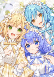 Rule 34 | 3girls, :d, blonde hair, blue dress, blue eyes, blue hair, blurry, blurry background, bow, braid, breasts, brown eyes, cleavage, closed mouth, commentary request, depth of field, dress, flower, green eyes, hair flower, hair ornament, highres, karokuchitose, looking at viewer, medium breasts, moira (nijisanji), mole, mole under mouth, multiple girls, nijisanji, open mouth, petals, puffy short sleeves, puffy sleeves, short sleeves, smile, suzuya aki, virtual youtuber, white flower, yellow bow, yuuki chihiro
