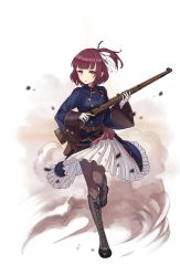 Rule 34 | 1girl, belt pouch, bolt action, boots, brown footwear, brown hair, brown pantyhose, cross-laced footwear, dust cloud, full body, gloves, gun, highres, holding, holding gun, holding weapon, lace-up boots, lee-enfield, looking at viewer, medium hair, official art, pantyhose, pouch, princess principal, princess principal game of mission, rifle, skirt, solo, standing, standing on one leg, stephanie (princess principal), transparent background, weapon, white gloves, white skirt, wide sleeves, yellow eyes