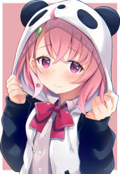 Rule 34 | 1girl, ahoge, animal ears, animal hood, blush, bow, brown background, closed mouth, collared shirt, commentary request, drawstring, dress shirt, fake animal ears, fang, fang out, grey shirt, hair between eyes, hair ornament, hairclip, hands up, hood, hood up, hooded jacket, jacket, long sleeves, looking at viewer, maccha, multicolored hair, nijisanji, open clothes, open jacket, panda ears, panda hood, pink hair, purple eyes, red bow, sasaki saku, sasaki saku (1st costume), shirt, sleeves past wrists, smile, solo, streaked hair, two-tone background, upper body, virtual youtuber, white background, white jacket