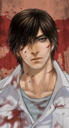Rule 34 | 1boy, anderain, blood, blood on clothes, blood on face, blood on wall, brown eyes, brown hair, expressionless, facial hair, hair over one eye, henry townshend, highres, male focus, silent hill, silent hill (series), silent hill 4: the room, solo, stubble