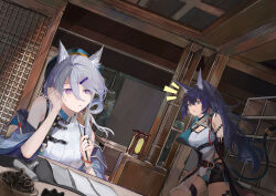 2girls absurdres animal_ears aqua_eyes arknights bare_shoulders black_shorts black_tail blaze_(arknights) blaze_the_igniting_spark_(arknights) breasts chinese_commentary cleavage closed_mouth commentary_request dddys grey_hair hair_between_eyes hair_ornament hairclip head_rest highres holding indoors long_hair looking_at_another mole mole_under_mouth multiple_girls notice_lines open_mouth paper purple_eyes purple_hair shirt shorts standing tail tail_ornament tail_raised tail_ring thigh_strap thinking white_shirt xingzhu_(arknights)