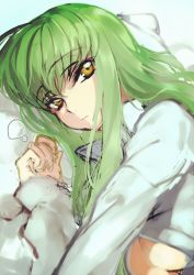Rule 34 | 1girl, breasts, c.c., code geass, creayus, gradient background, green hair, long hair, looking at viewer, pillow, solo, underboob, yellow eyes
