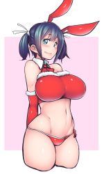 Rule 34 | 10s, 1girl, animal ears, bikini, blue eyes, blue hair, blush, breasts, cowboy shot, cropped legs, curvy, detached collar, elbow gloves, female focus, fur trim, gloves, kagami uekusa, kantai collection, large breasts, looking at viewer, matching hair/eyes, navel, open mouth, rabbit ears, red bikini, red gloves, short hair, simple background, smile, solo, souryuu (kancolle), swimsuit, twintails