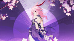 Rule 34 | 1girl, armlet, arms behind back, back, bare legs, bare shoulders, box, breasts, character name, closed mouth, dress, gift, gift box, gloves, hair between eyes, happy birthday, heart-shaped box, highres, holding, holding gift, honkai (series), honkai impact 3rd, looking at viewer, medium breasts, medium hair, official alternate costume, official art, official wallpaper, pink hair, ponytail, purple dress, purple gloves, simple background, solo, yae sakura, yae sakura (flame sakitama)