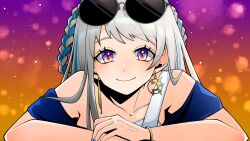 Rule 34 | 1girl, bare shoulders, blue hair, blue shirt, blush, braid, breasts, closed mouth, collarbone, earrings, eyewear on head, fate/grand order, fate (series), gradient background, grey hair, highres, jewelry, long hair, looking at viewer, medium breasts, multicolored hair, off-shoulder shirt, off shoulder, overalls, pope joan (event portrait) (fate), pope joan (fate), purple eyes, round eyewear, shirt, short sleeves, solo, sunglasses, two-tone hair, wagu neru, white overalls