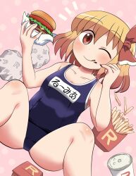 Rule 34 | 1girl, ;q, black one-piece swimsuit, blonde hair, bow, burger, commission, cup, feet out of frame, food, food on face, french fries, hair bow, highres, looking at viewer, one-piece swimsuit, one eye closed, red bow, red eyes, rokugou daisuke, rumia, school swimsuit, short hair, skeb commission, smile, solo, swimsuit, tongue, tongue out, touhou