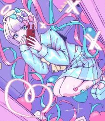 Rule 34 | 1girl, balloon, blue eyes, blue footwear, blue hair, blue skirt, bow, chouzetsusaikawa tenshi-chan, covering own mouth, eencya, hair bow, halo, heart, holographic clothing, indoors, jacket, large bow, long sleeves, looking at viewer, multicolored hair, nail polish, needy girl overdose, official art, phone, pin, pixel art, platform footwear, platform heels, quad tails, selfie, sidelocks, skirt, solo, thighs, white hair, yellow bow
