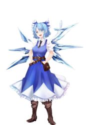 Rule 34 | absurdres, aged up, bag, belt, black necktie, blue bow, blue dress, blue eyes, blue hair, boots, bow, breasts, brown footwear, cirno, collared shirt, dress, full body, glasses, hair bow, high heel boots, high heels, highres, ice, ice wings, long dress, medium breasts, necktie, open mouth, pinafore dress, shirt, short hair, sleeveless dress, smile, standing, tachi-e, tk31, touhou, transparent background, white shirt, wings