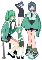 2girls :p ankle_socks black_footwear black_necktie black_shirt black_skirt blue_eyes blue_hair blue_shorts breast_pocket dress_shirt eyewear_on_head forked_tongue glasses green-framed_eyewear green_hair green_jacket green_socks green_sweater_vest hair_ornament headphones headphones_around_neck highres jacket kira_(zutomayo) kira_killer_(zutomayo) komugiko_2000 looking_at_viewer mary_janes messy_hair multicolored_hair multiple_girls multiple_views necktie nira-chan nira-chan_(kira_killer)_(zutomayo) official_alternate_costume open_mouth pink_eyes pocket school_uniform shirt shoes shorts sitting skirt sleeves_past_fingers sleeves_past_wrists socks standing star_(symbol) star_hair_ornament sweater_vest tongue tongue_out two-tone_hair two_side_up very_long_sleeves white_shirt white_socks zutto_mayonaka_de_ii_no_ni