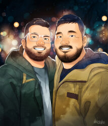 Rule 34 | 2boys, asian, bara, beard, city lights, couple, daisukebear, facial hair, grin, happy, highres, hood, hood down, jacket, layered shirt, looking at viewer, male focus, mature male, multiple boys, open clothes, open jacket, original, realistic, short hair, smile, thick mustache, transparent eyewear, undercut, upper body, winter clothes, yaoi
