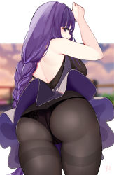 Rule 34 | 1girl, absurdres, artist name, ass, bare shoulders, black panties, braid, breasts, cameltoe, dress, from behind, from below, genshin impact, highres, large breasts, long hair, looking at viewer, low-braided long hair, low-tied long hair, panties, pantyhose, purple eyes, purple hair, raiden shogun, see-through, see-through legwear, shiny clothes, sideboob, single braid, solo, thick thighs, thighs, thong, thong under pantyhose, underwear, very long hair, y2