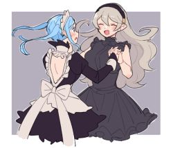 Rule 34 | 2girls, alternate costume, back, back bow, back cutout, backless outfit, black dress, black hairband, blue hair, blush, border, bow, bridal gauntlets, closed eyes, clothing cutout, corrin (female) (fire emblem), corrin (fire emblem), do m kaeru, dress, feather trim, fire emblem, fire emblem fates, flora (fire emblem), frills, from behind, grey hair, grey shirt, hair between eyes, hairband, holding hands, juliet sleeves, long hair, long sleeves, maid, maid headdress, multiple girls, nintendo, open mouth, puffy sleeves, shirt, short hair, sidelocks, sleeveless, sleeveless dress, smile, sweatdrop, tongue, twintails, upper body, white border, white bow