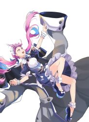 Rule 34 | 1girl, :d, absurdres, arm up, black coat, blue bow, blue dress, blue footwear, blue hair, blue nails, bow, breasts, coat, dress, frilled dress, frills, highres, hololive, long hair, looking away, maid headdress, medium breasts, minato aqua, minato aqua (1st costume), multicolored hair, nail polish, open mouth, pink hair, puffy short sleeves, puffy sleeves, purple eyes, shoes, short sleeves, simple background, smile, solo, streaked hair, twintails, two-tone hair, very long hair, virtual youtuber, white background, white bow, wrist cuffs, xuu shi times