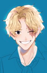 Rule 34 | 1boy, ascot, blonde hair, blue background, collared shirt, commentary, eloishiko, english commentary, highres, looking at viewer, male focus, one eye closed, one piece, sabo (one piece), scar, scar on face, shirt, short hair, simple background, smile, solo