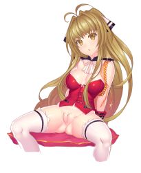 Rule 34 | 10s, 1girl, amagi brilliant park, blonde hair, boots, bottomless, breasts, brown eyes, bustier, corsage, fiodo, hair ribbon, light brown hair, long hair, looking at viewer, pillow, pussy, ribbon, sento isuzu, sitting, solo, spread legs, thigh boots, thighhighs, transparent background, uncensored, very long hair, white thighhighs