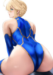 Rule 34 | 1girl, ahoge, artoria pendragon (fate), artoria pendragon (lancer) (fate), ass, ass focus, bare shoulders, blonde hair, blue gloves, blue leotard, blue thighhighs, blush, braid, breasts, elbow gloves, fate/grand order, fate (series), french braid, from behind, gloves, green eyes, hair between eyes, highleg, highleg leotard, highres, huge ass, large breasts, leotard, long hair, looking at viewer, looking back, open mouth, sidelocks, simple background, sitting, solo, thighhighs, thighs, white background, wide hips, yamaneko (tkdrumsco)