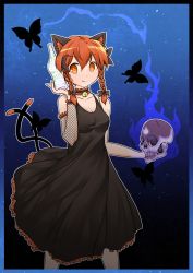 Rule 34 | 1girl, alternate costume, animal ear fluff, animal ears, bare shoulders, bell, black choker, black dress, blue butterfly, border, bottle, bow, braid, breasts, bug, butakimu, butterfly, butterfly hair ornament, cat ears, choker, cleavage, detached sleeves, dress, feet out of frame, fingernails, fishnet sleeves, fishnets, flaming skull, gradient background, hair between eyes, hair bow, hair ornament, hand up, highres, hitodama, holding, holding bottle, holding skull, insect, jingle bell, kaenbyou rin, light blush, looking to the side, medium breasts, nekomata, night, night sky, orange eyes, outline, red hair, silhouette, simple background, skull, sky, smile, solo, standing, star (sky), starry sky, tail, touhou, twin braids, white outline