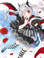 Rule 34 | &gt;;), 1girl, ;), blush, cape, detached sleeves, fang, fang out, fingernails, flower, gothic lolita, lolita fashion, long fingernails, looking at viewer, mary janes, nail polish, one eye closed, pointy ears, red eyes, rose, saikyou no shuzoku ga ningen datta ken, shoes, silver hair, skindentation, smile, striped clothes, striped thighhighs, thighhighs, twintails, v-shaped eyebrows, yano mitsuki (nanairo), zettai ryouiki