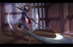 Rule 34 | 1girl, blood, blood stain, check commentary, commentary, commentary request, glowing, glowing eyes, highres, indoors, kis sako, kusarigama, letterboxed, mask, motion blur, ninja, original, red eyes, short hair, sickle, solo, spinning, standing, standing on one leg, weapon
