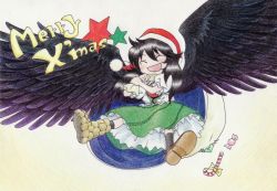 Rule 34 | 1girl, asymmetrical footwear, bad id, bad pixiv id, bag, black hair, black wings, blush, candy, candy cane, cape, closed eyes, food, fumie (mikan to mu 83), hat, long hair, merry christmas, mismatched footwear, puffy short sleeves, puffy sleeves, reiuji utsuho, santa hat, shoes, short sleeves, smile, socks, solo, star (symbol), text focus, touhou, traditional media, wings
