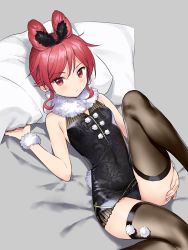 Rule 34 | 1girl, ass, bare shoulders, bed sheet, black dress, black thighhighs, cameltoe, chigusa asuha, closed mouth, covered navel, dress, feet out of frame, floral print, fur collar, hair ears, hand on own ass, knee up, looking at viewer, lying, on back, pillow, qualidea code, red eyes, red hair, sekiya asami, short dress, short hair, sidelocks, sleeveless, sleeveless dress, solo, thighhighs, wrist cuffs