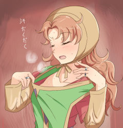 Rule 34 | 1girl, blush, breath, brown hair, clothes pull, dragon quest, dragon quest vii, closed eyes, hood, hot, hyakuen raitaa, jewelry, long hair, maribel (dq7), open mouth, ring, shirt pull, solo, sweat, translation request