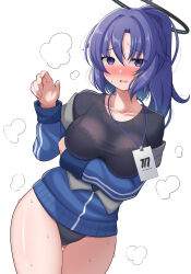 Rule 34 | 1girl, black shirt, blue archive, blush, bra visible through clothes, buruma, collarbone, commentary request, facial tattoo, gluteal fold, gym shirt, gym uniform, hair between eyes, heavy breathing, highres, id card, jacket, lanyard, long hair, long sleeves, looking at viewer, nekojima, official alternate costume, open clothes, open jacket, parted bangs, ponytail, purple eyes, purple hair, see-through, shirt, short sleeves, sidelocks, simple background, solo, star tattoo, sweat, tattoo, thick thighs, thighs, track jacket, visible air, wet, wet clothes, wet shirt, white background, yuuka (blue archive), yuuka (track) (blue archive), zipper