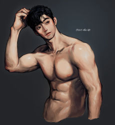 Rule 34 | 1boy, abs, arm up, biceps, black background, black hair, cropped torso, highres, male focus, muscular, muscular male, nipples, original, pectorals, rinotuna, short hair, simple background, solo, thick arms, topless male, veins, veiny arms