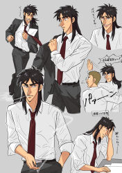 Rule 34 | 2boys, absurdres, alternate costume, black eyes, black hair, black jacket, blazer, cigarette, commentary request, facial scar, formal, fukumoto nobuyuki (style), full body, furuhata takeshi, grey background, highres, holding, holding cigarette, itou kaiji, jacket, kaiji, long hair, male focus, medium bangs, multiple boys, necktie, official style, open clothes, open jacket, open mouth, parody, pointy nose, red necktie, salaryman, scar, scar on cheek, scar on face, shirt, slap mark, slapping, smoking, style parody, suit, translation request, upper body, usarinko, white shirt