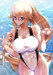 Rule 34 | 1girl, absurdres, black-framed eyewear, blonde hair, blue eyes, breasts, can, competition swimsuit, covered navel, cowboy shot, drink can, fate/grand order, fate (series), glasses, high ponytail, highleg, highleg swimsuit, highres, jeanne d&#039;arc (fate), jeanne d&#039;arc (swimsuit archer) (fate), jeanne d&#039;arc (swimsuit archer) (second ascension) (fate), large breasts, long hair, looking at viewer, misa pika, one-piece swimsuit, ponytail, railing, soda can, solo, swimsuit, thigh gap, white one-piece swimsuit